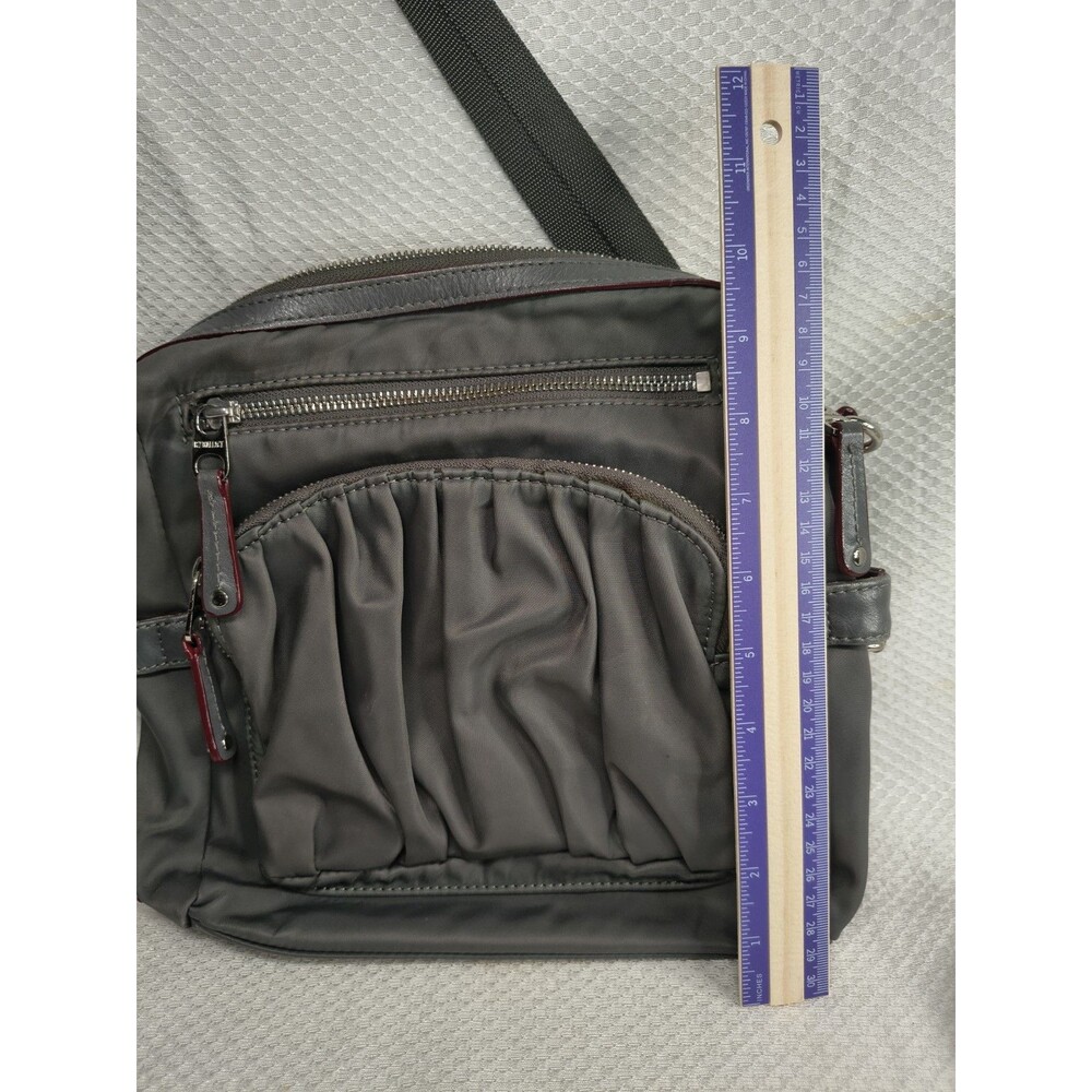 MZ Wallace Paige Crossbody Bag Gray Nylon Ruched Multi Pocket Shoulder Purse MCM